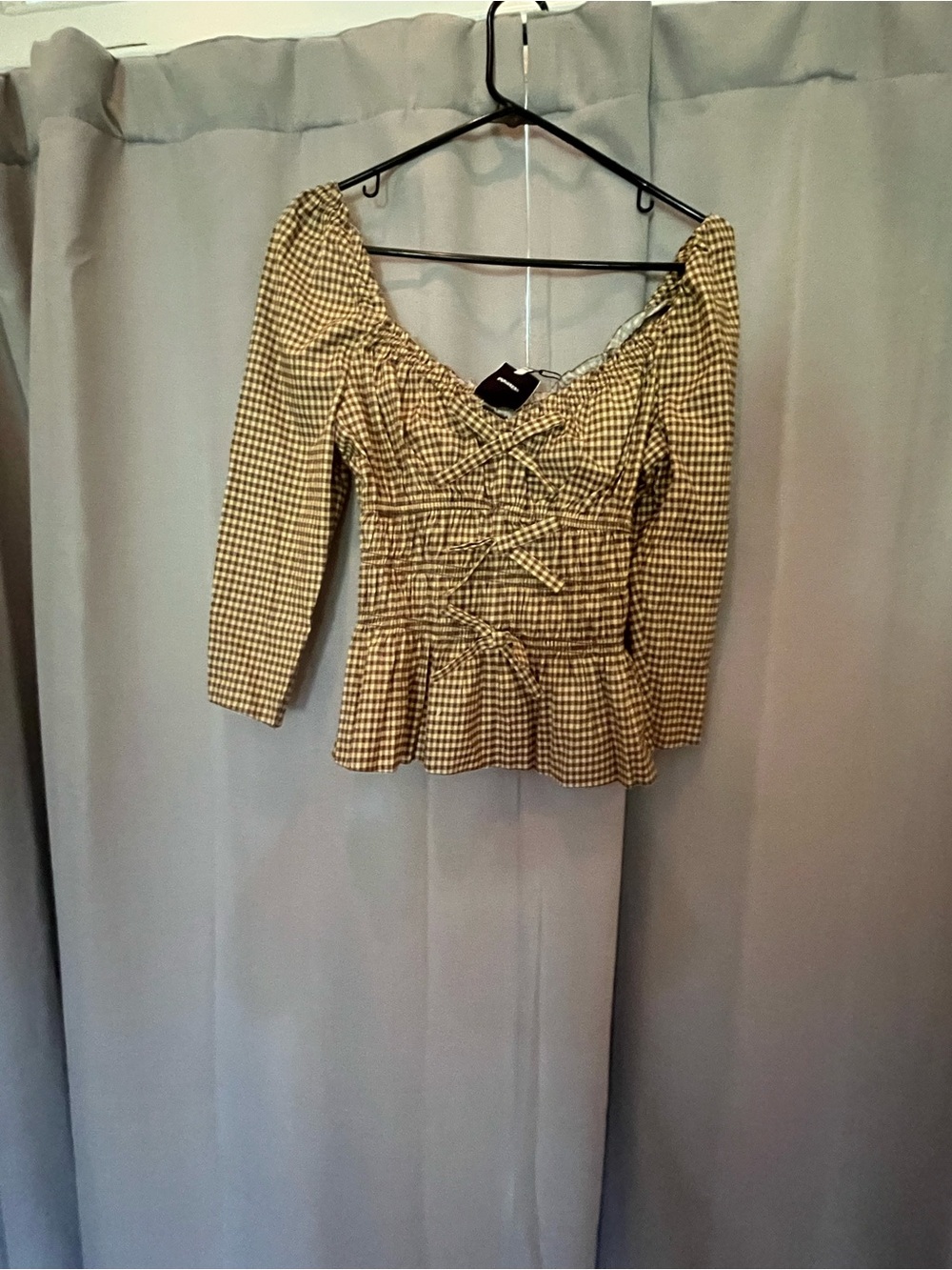 Reformation Brown Gingham Smocked Peplum Top View 3